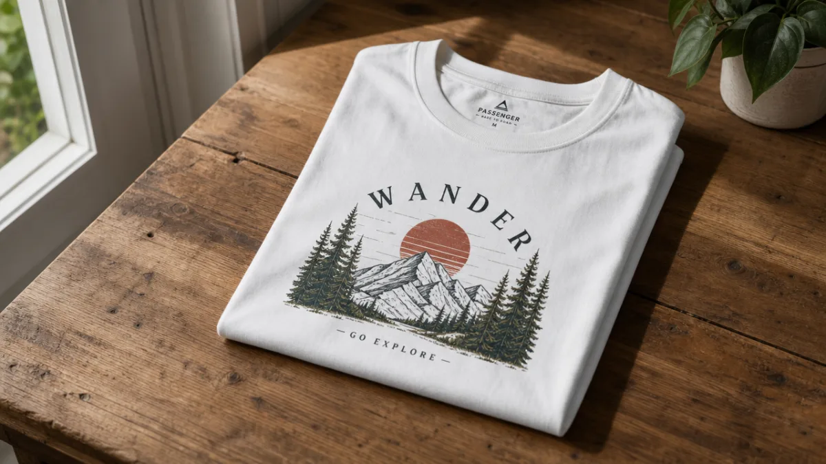 a neatly folded white graphic t-shirt on a wooden table, soft natural…