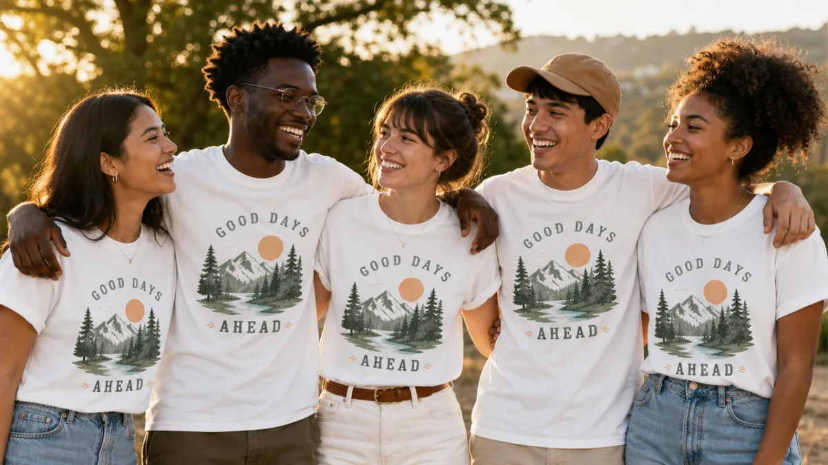 a diverse group of friends wearing matching white graphic tees outdoors in…