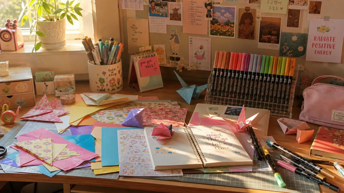 a teenage girl's craft desk covered with colorful paper, origami folds, and…