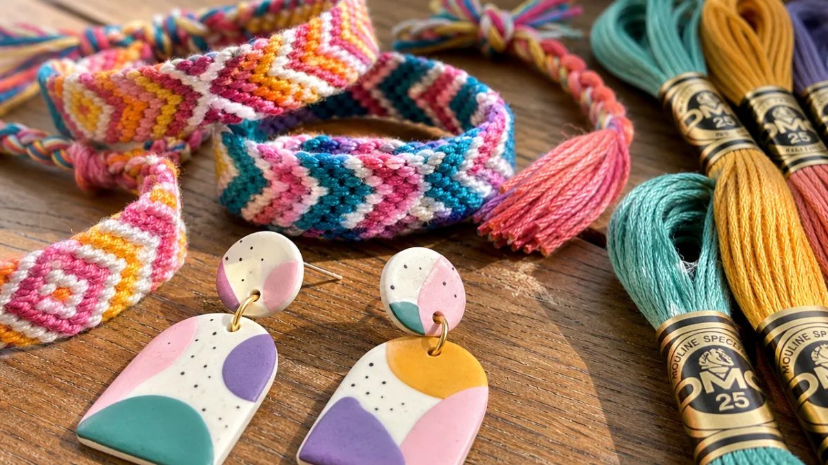 close-up of colorful friendship bracelets, polymer clay earrings, and embroidery thread on…