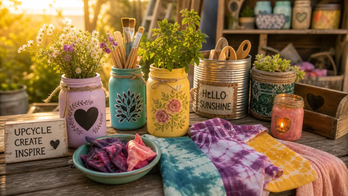 upcycled craft projects including painted jars, dyed fabric, and repurposed containers arranged…