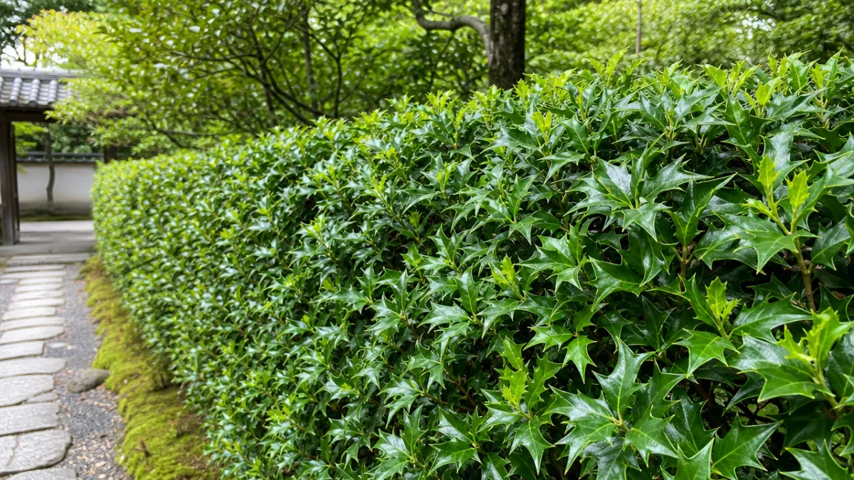 a lush green Japanese holly hedge in a formal garden, soft natural…