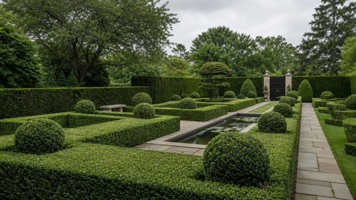 elegantly designed formal garden featuring clipped Japanese holly in geometric patterns, soft…