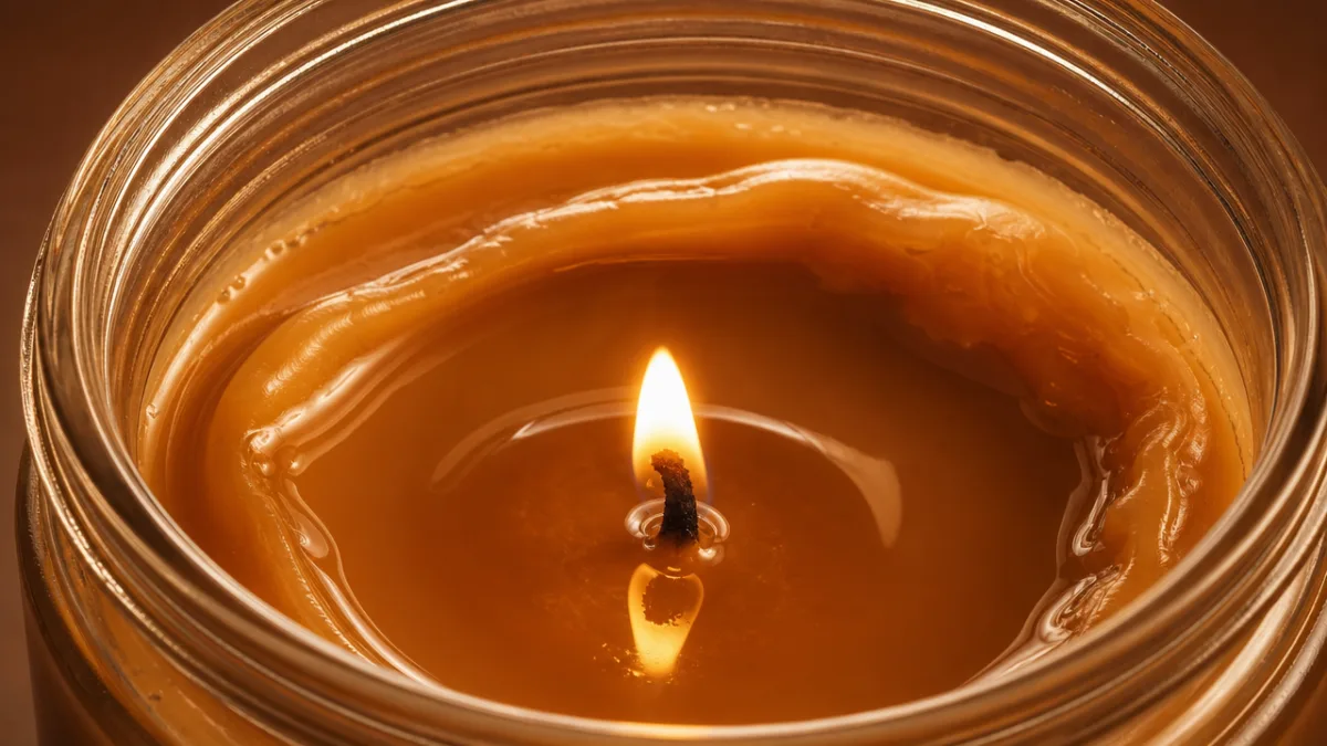 close-up of caramel-colored candle wax melting in a wide glass jar, warm…