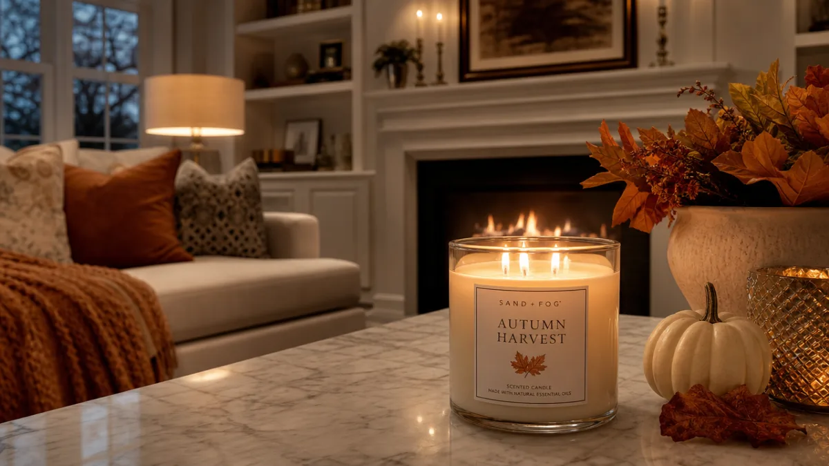elegant home living room with a lit large candle jar on a…