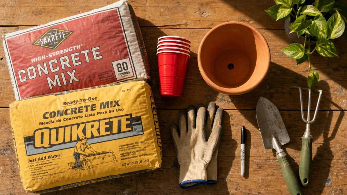 a flat lay of concrete mix bags, red plastic cups, terracotta pot,…