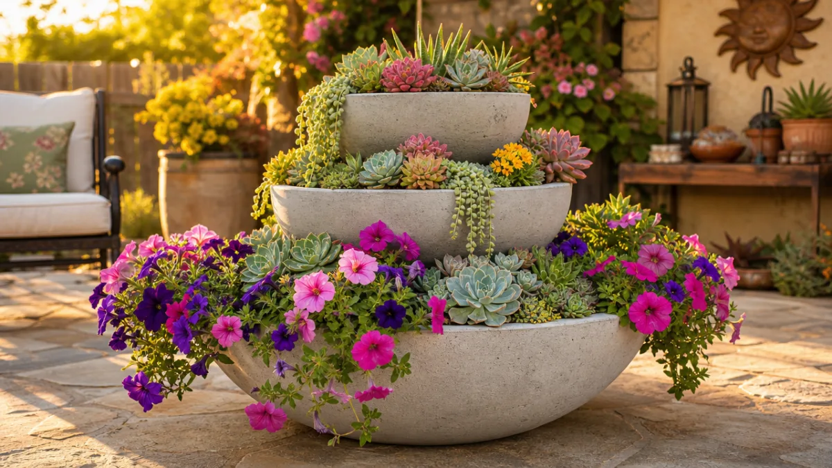 a completed tiered cement planter filled with colorful succulents and trailing petunias…