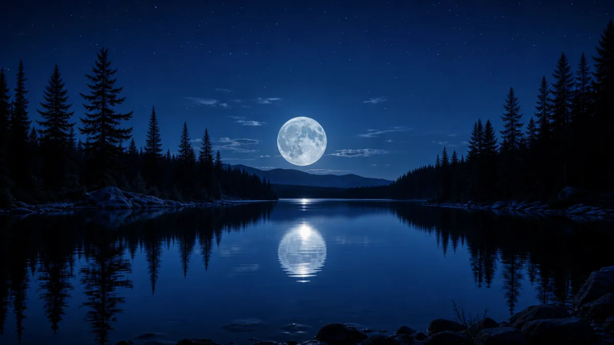a full moon rising over a calm reflective lake surrounded by dark…