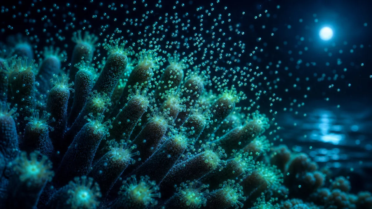close-up of coral reef spawning at night bathed in soft ethereal blue-green…