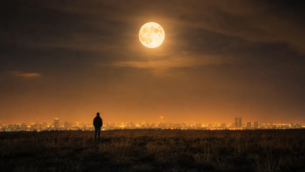 lone figure standing in an open field gazing at a luminous full…