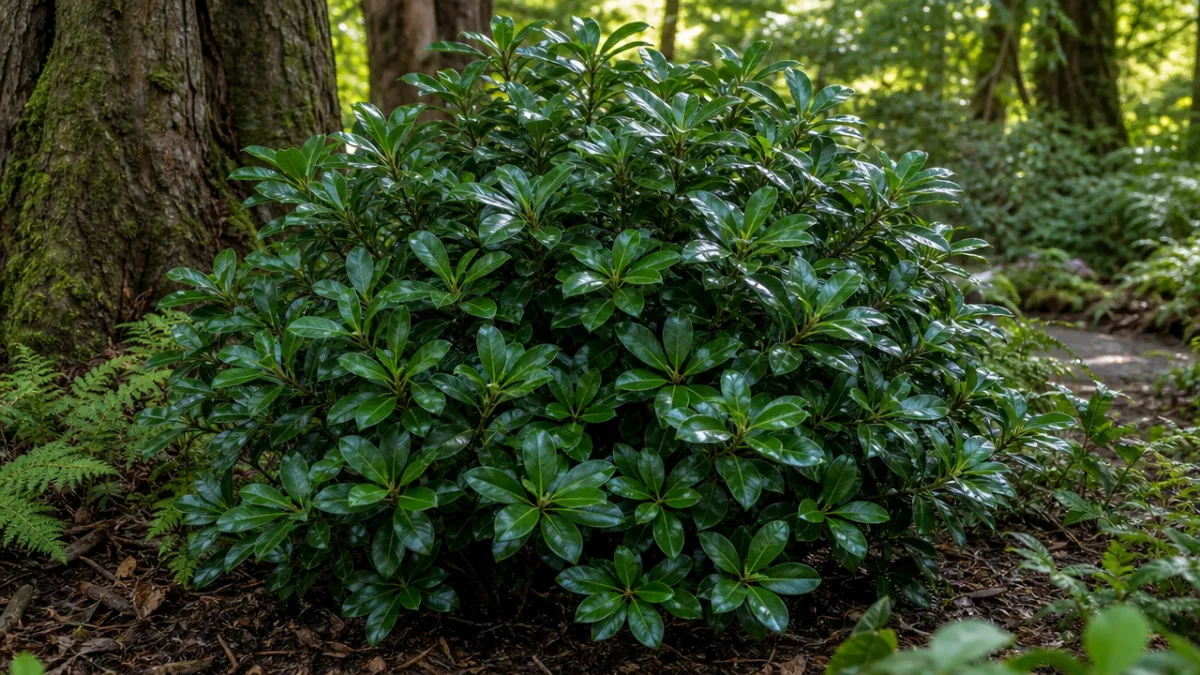 a lush evergreen shrub with glossy dark green leaves in a dappled…