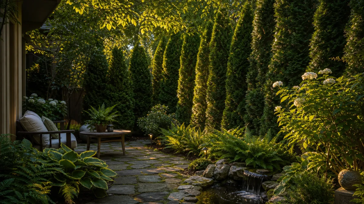 a serene shaded backyard garden with tall evergreen shrubs forming a natural…