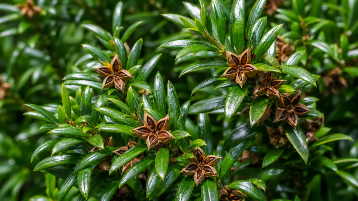 close-up of glossy aromatic evergreen foliage and small star-shaped seed capsules on…