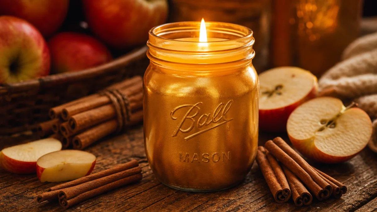 a golden soy wax candle in a mason jar surrounded by cinnamon…