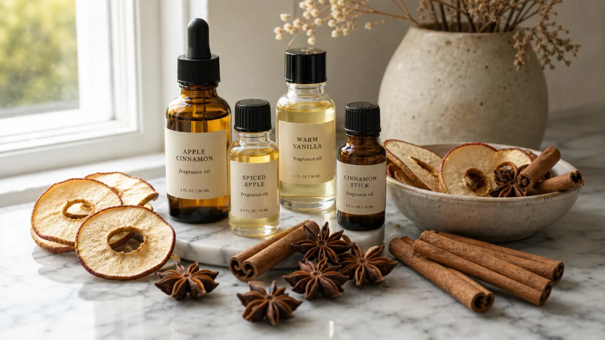 an arrangement of fragrance oils, dried apple rings, star anise, and cinnamon…