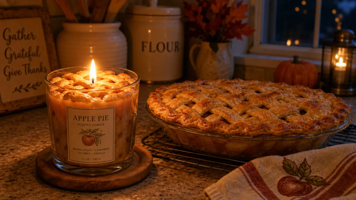 a lit apple pie candle glowing warmly on a kitchen countertop beside…