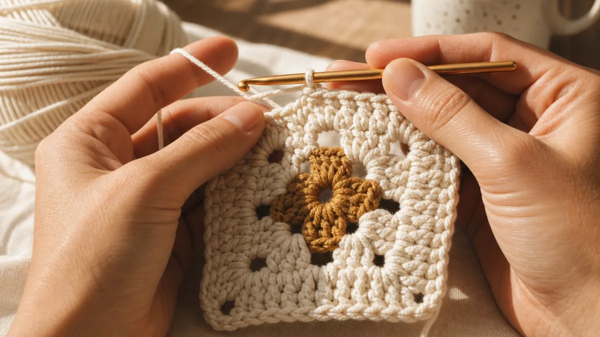 hands crocheting a modern granny square with natural cotton yarn in warm…