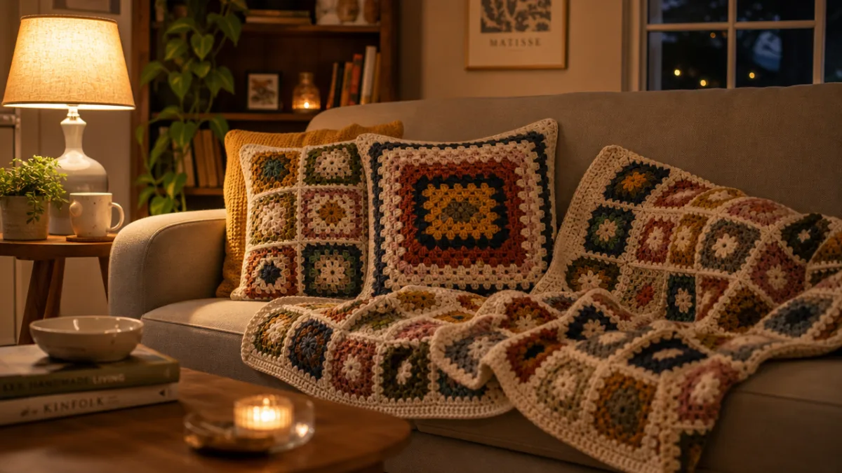 a cozy living room with modern granny square crochet cushions and throw…