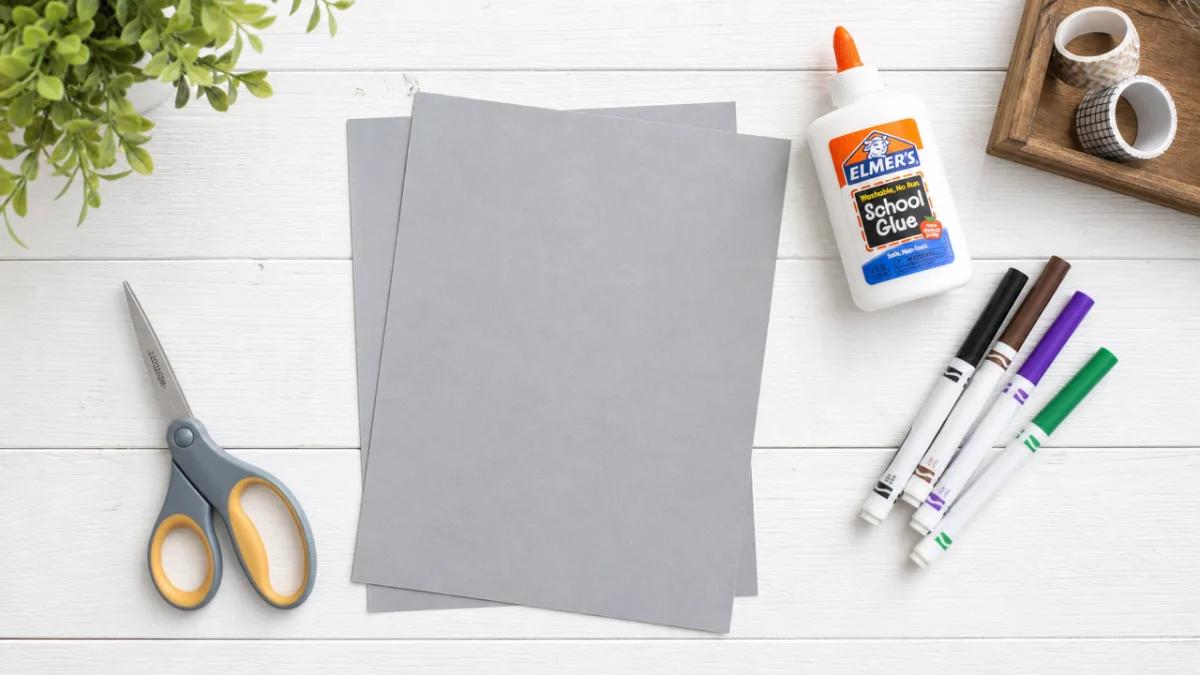 a flat lay of craft supplies including grey paper, scissors, glue, and…