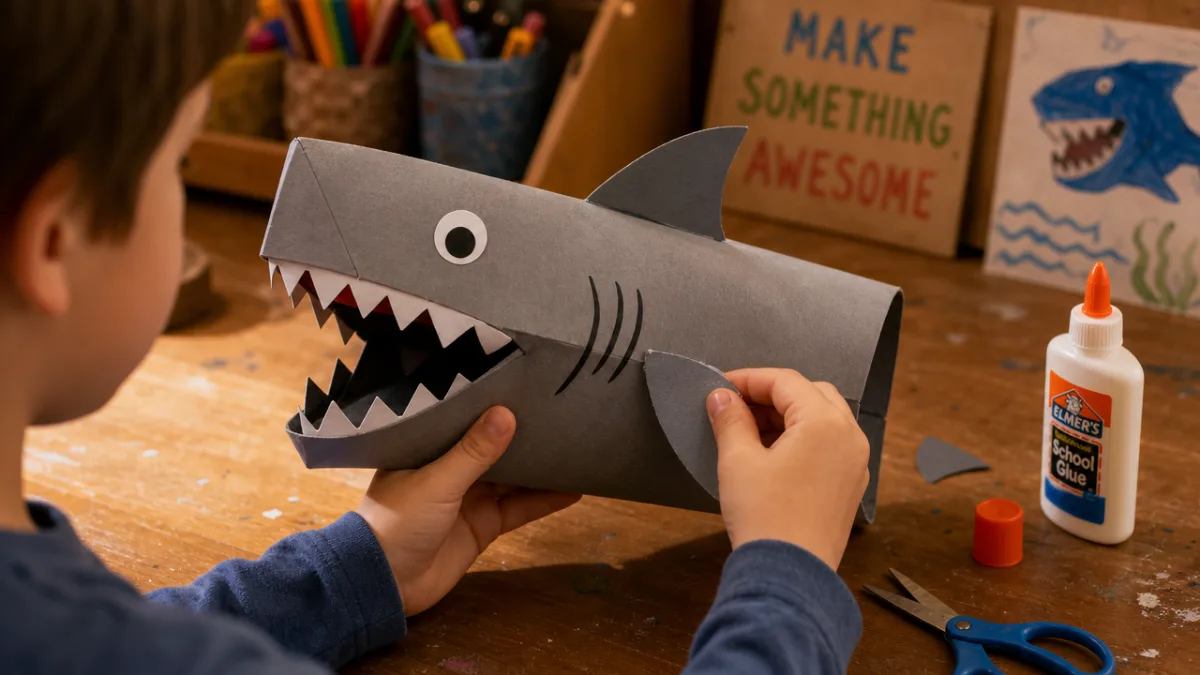 a child's hands carefully gluing paper fins onto a grey shark puppet,…