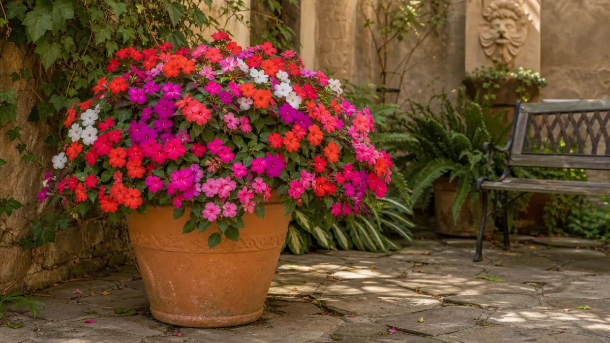a terracotta garden pot overflowing with multicolored impatiens in a shaded courtyard,…