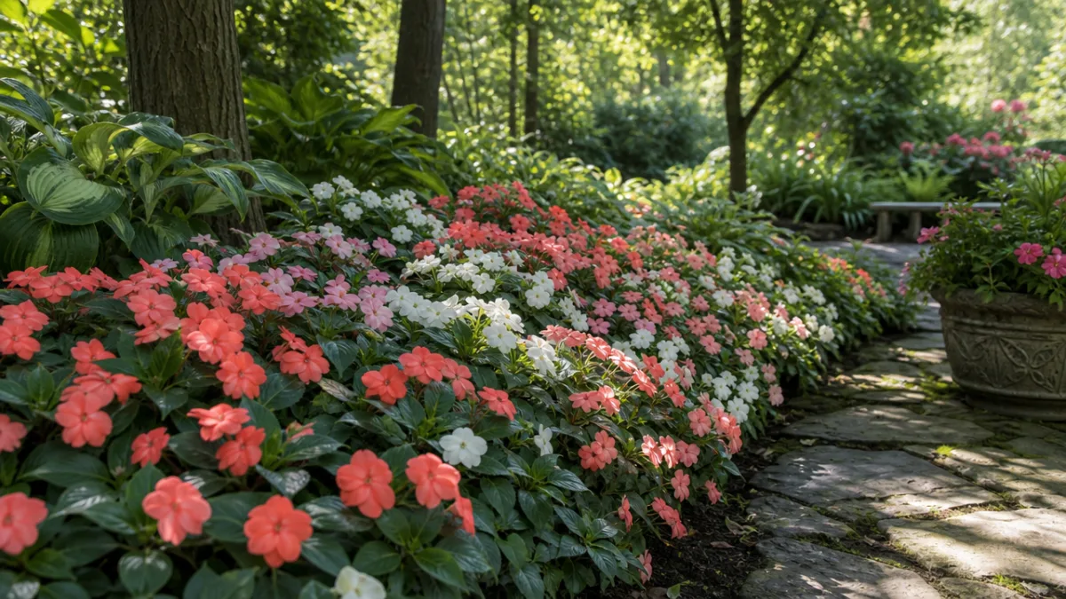 a lush shaded garden border filled with mixed impatiens in coral and…