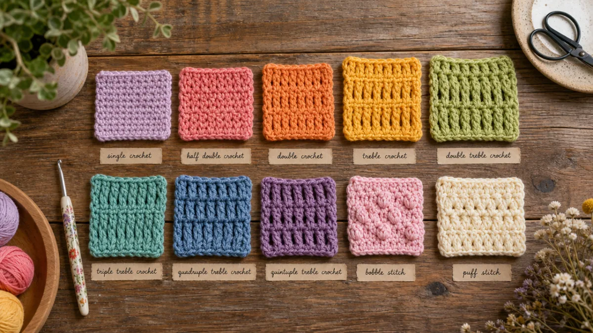 a flat lay of colorful crochet swatches showing varying stitch heights on…