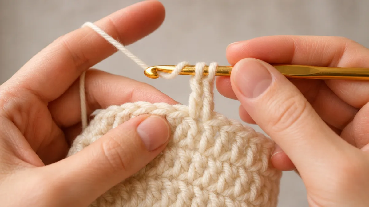 close-up of hands crocheting a double crochet stitch with cream yarn, soft…