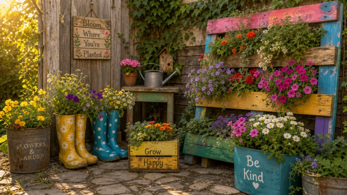 a rustic garden corner featuring colorful upcycled planters including painted boots and…