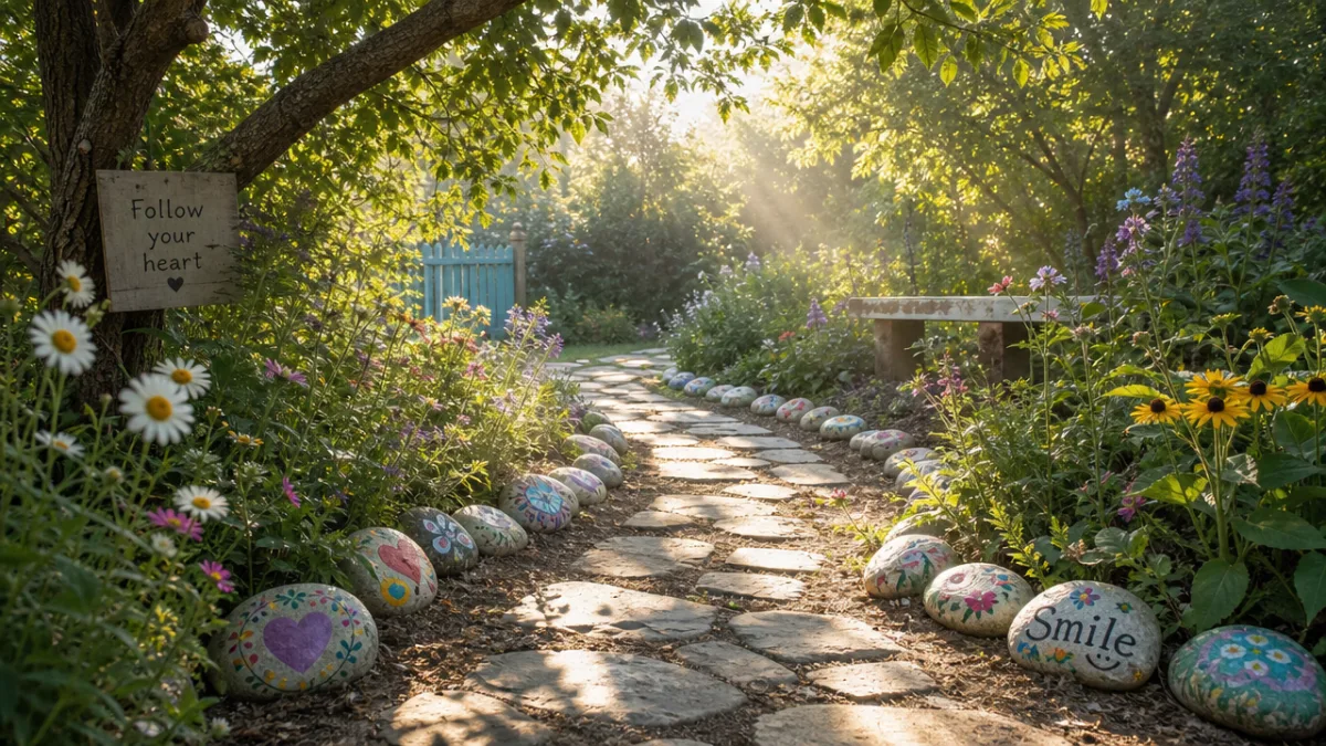 a charming garden pathway bordered with hand-painted stones and wildflowers, dappled sunlight…