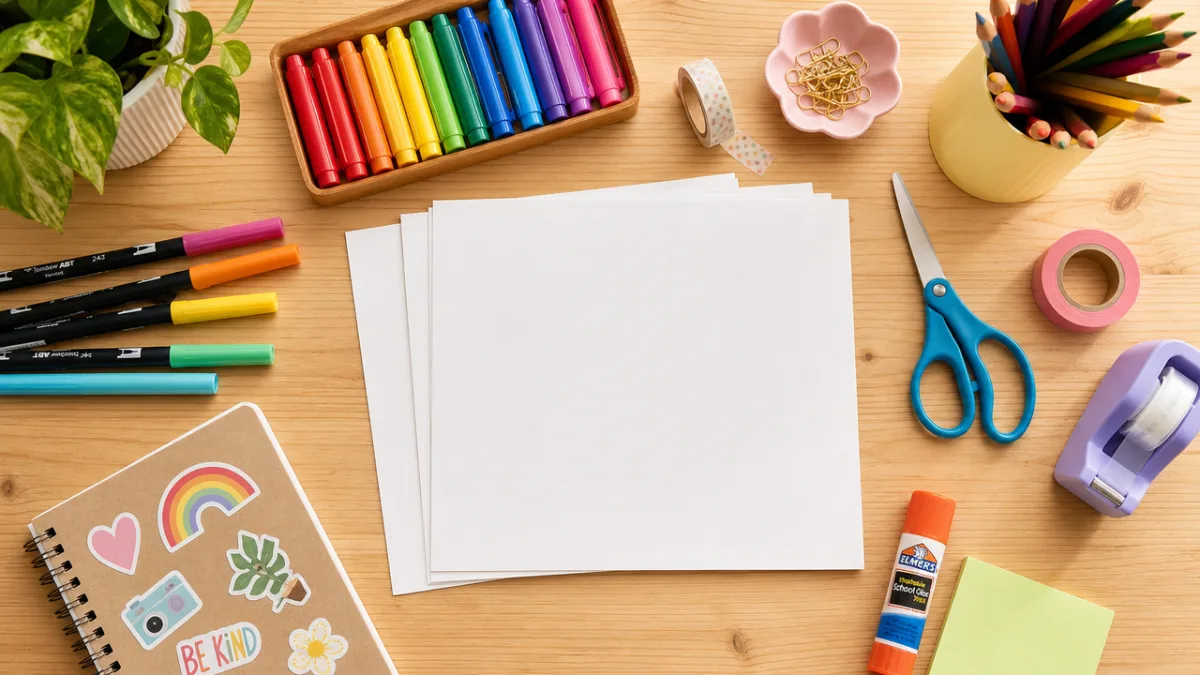a flat lay of colorful art supplies including markers, scissors, tape, and…
