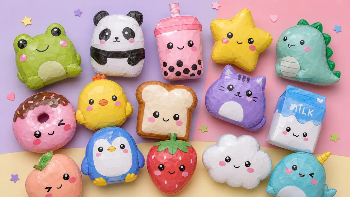 a colorful collection of finished paper squishies arranged on a pastel background,…