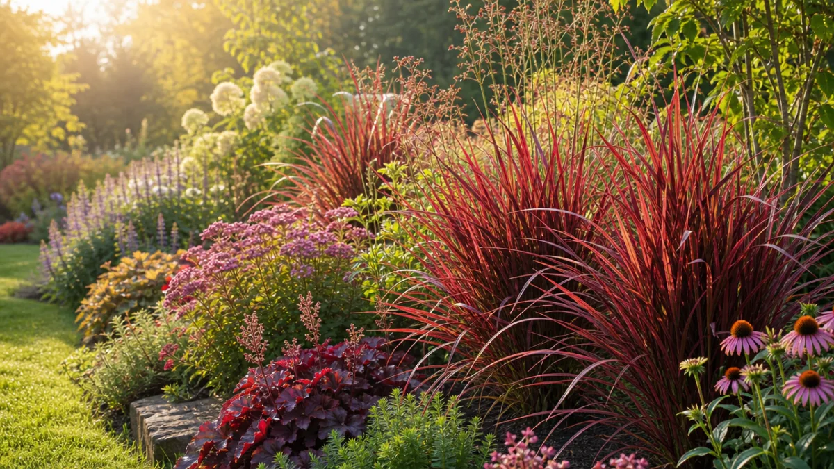 a lush garden border featuring ornamental red grasses planted in a sunny…