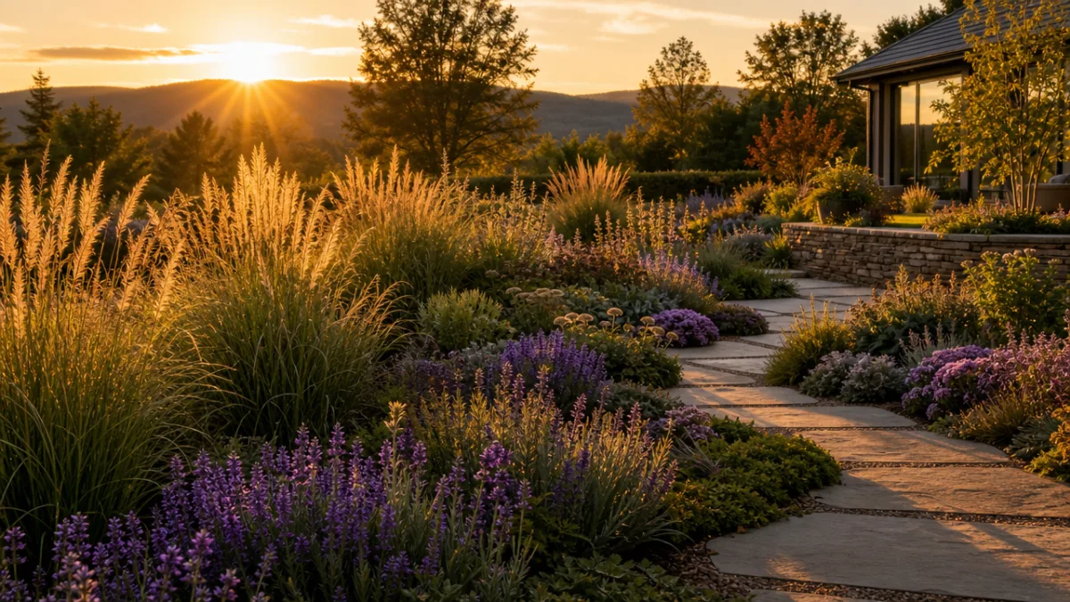a beautifully designed garden landscape with ornamental grasses and perennials, warm sunset…