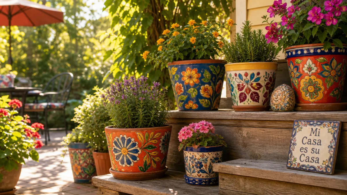 a sunny garden patio with colorful hand-painted terra cotta pots arranged on…