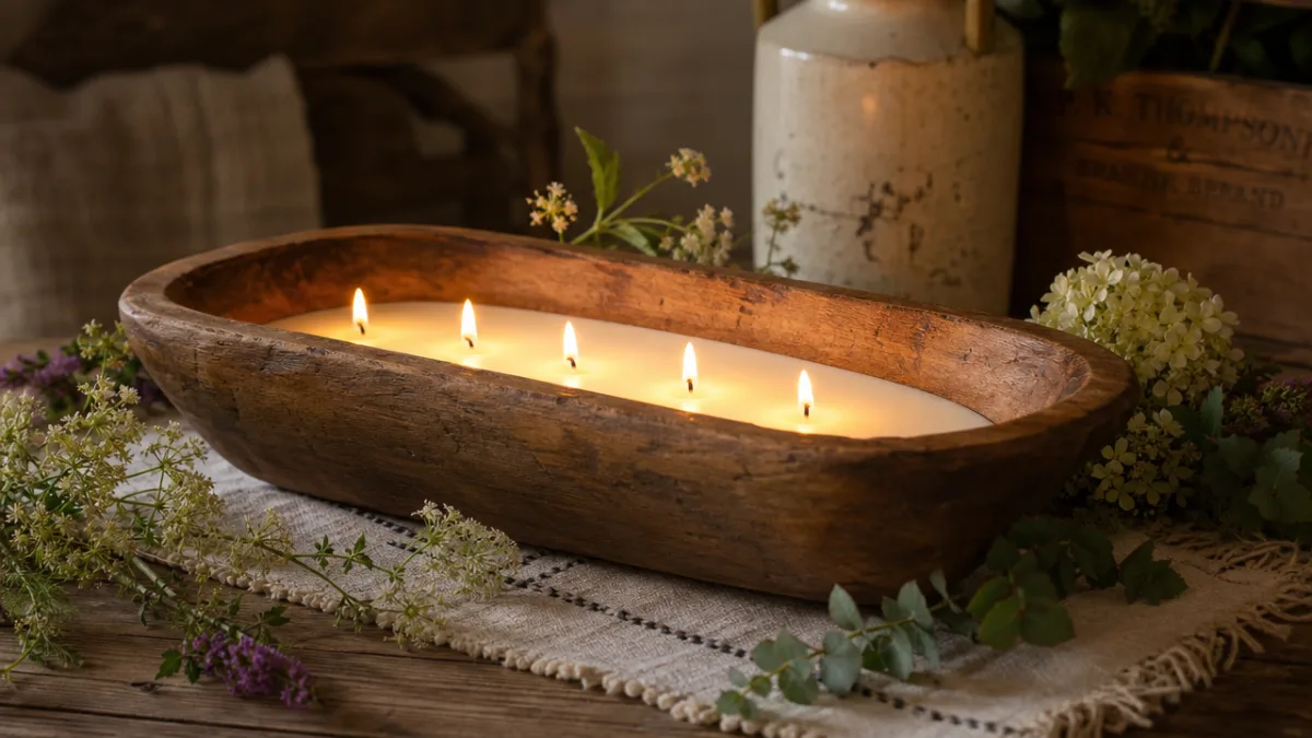 a rustic wooden dough bowl candle glowing warmly on a farmhouse table,…