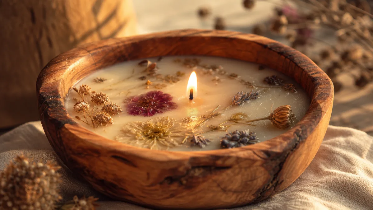 close-up of a hand-carved wooden bowl candle with dried florals embedded in…