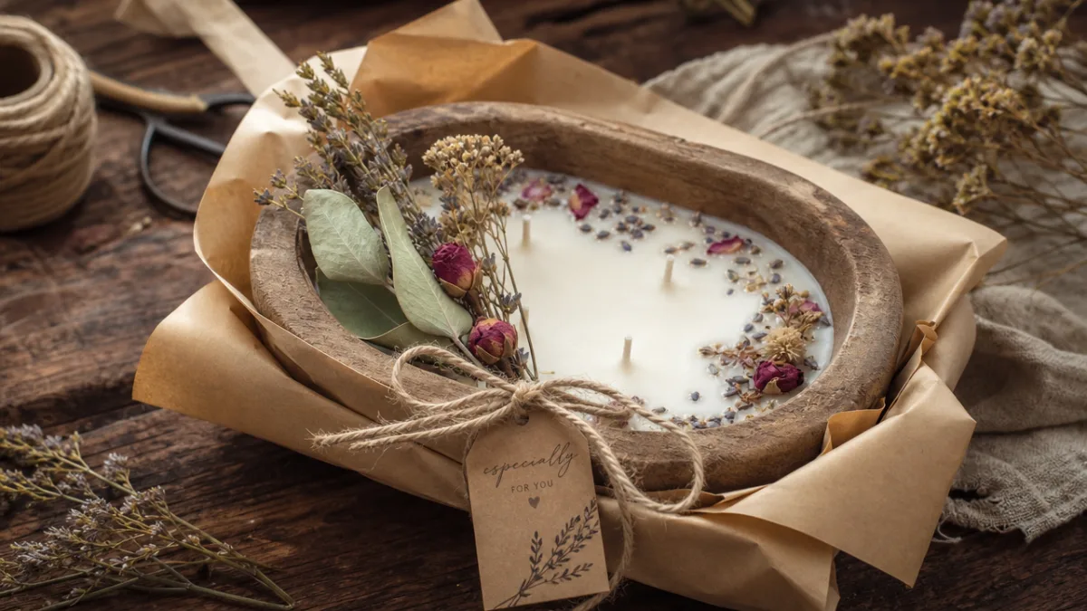 a beautifully wrapped dough bowl candle gift with dried botanicals and kraft…