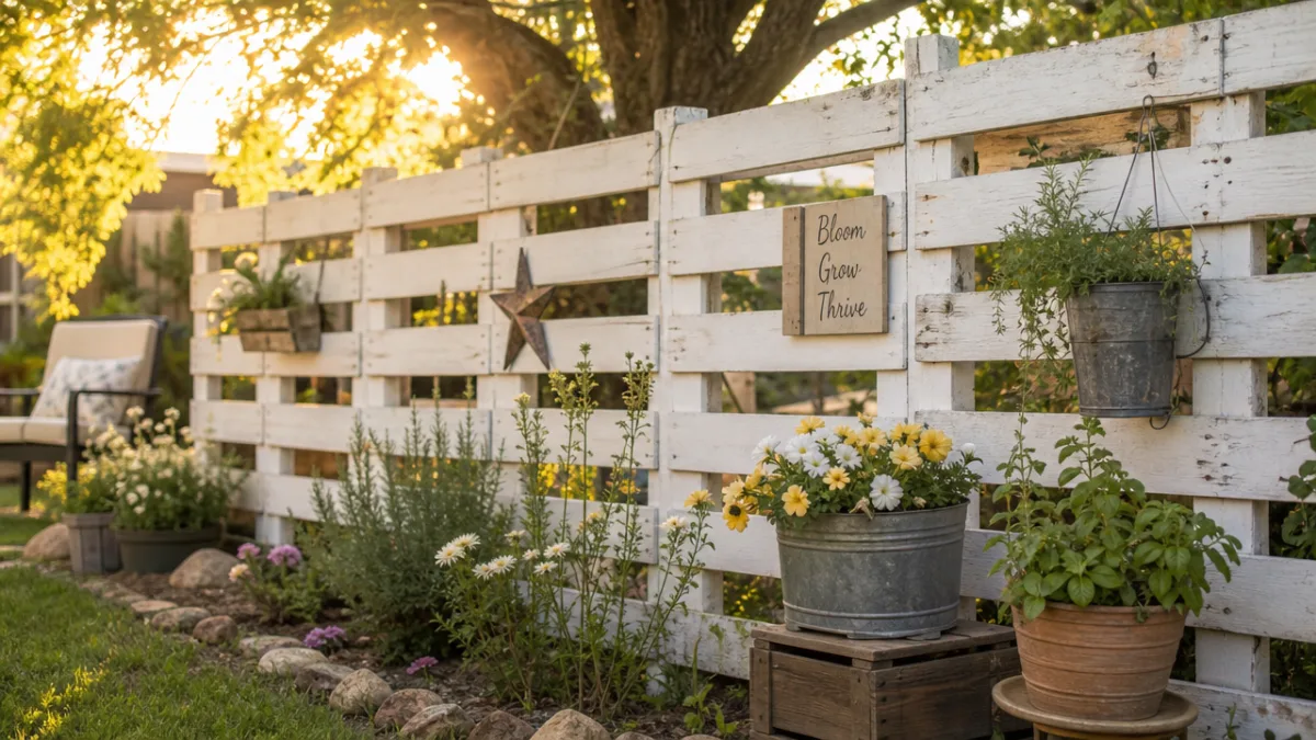 a rustic pallet fence painted soft white in a sunny backyard garden,…
