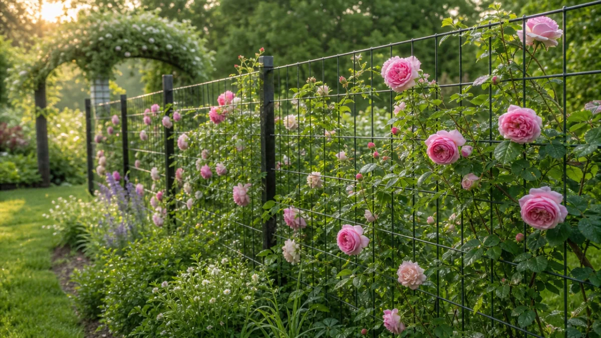 a hog panel fence with climbing roses in a lush green garden,…