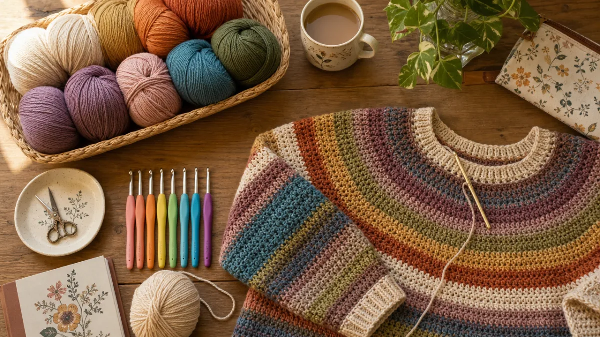a neatly arranged flat lay of colorful yarn skeins, crochet hooks, and…
