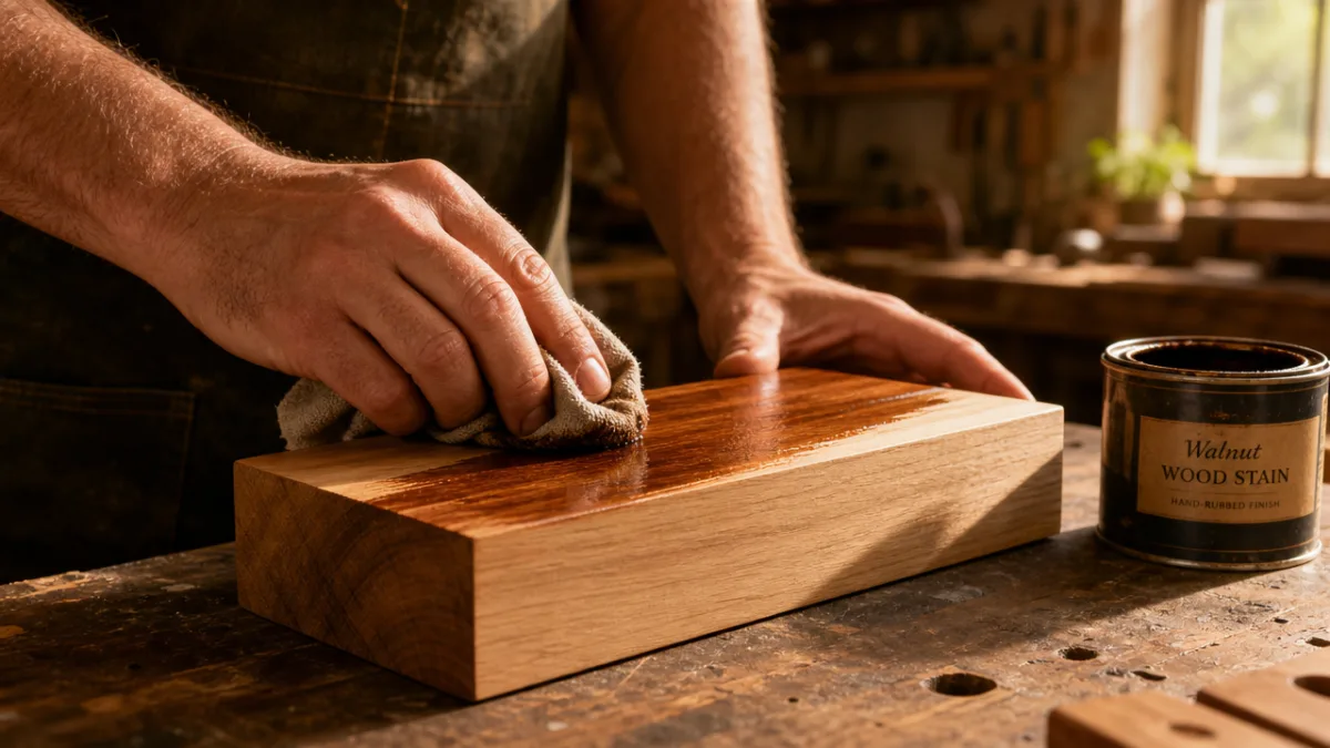 hands applying wood stain to a smooth timber block in a sunlit…