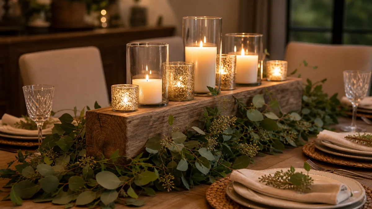 elegant dining table centerpiece with wood block, candles, and greenery, soft candlelight…