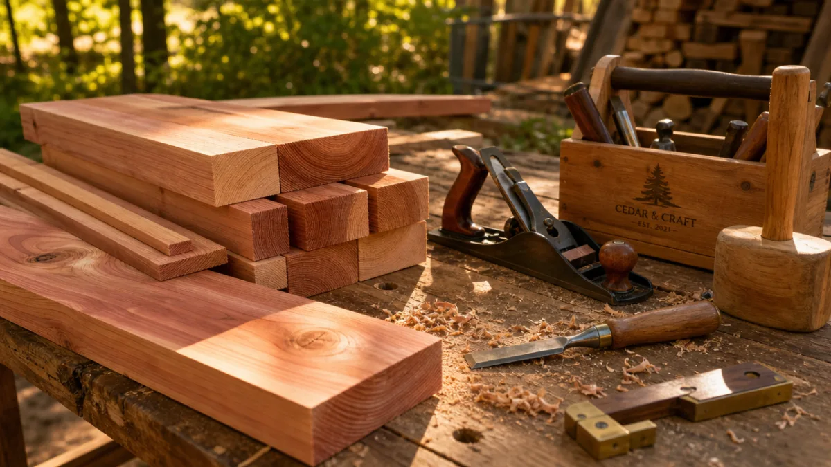 freshly cut cedar lumber and woodworking tools arranged on a sunlit workbench…