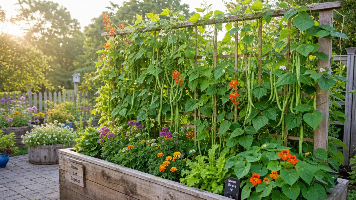 a lush raised planter with climbing green beans and flowers on a…