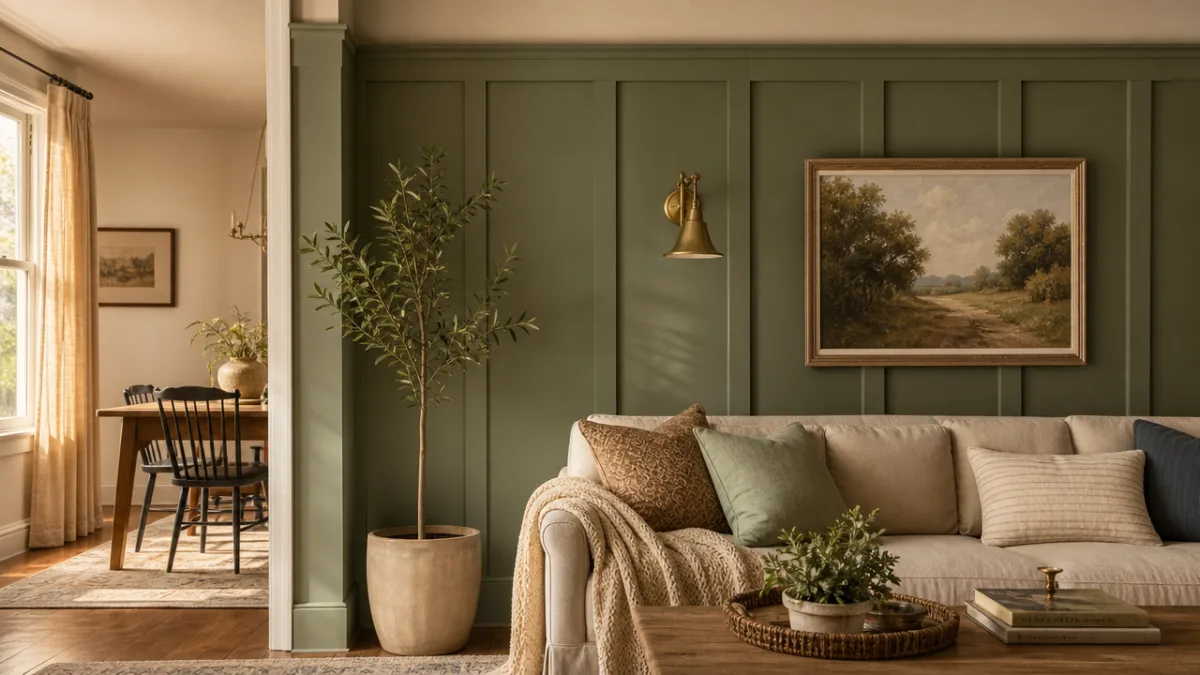 a cozy family home accent wall with board and batten paneling painted…