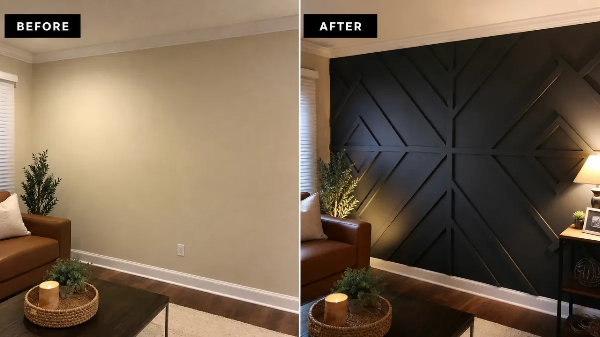 a finished DIY accent wall with dramatic before-after contrast, warm interior lighting…