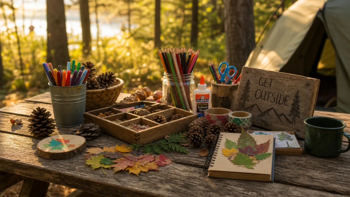 a rustic wooden camping table covered with colorful craft supplies, pinecones, and…