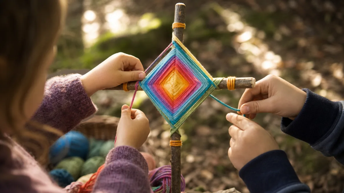 two children's hands weaving colorful yarn through a cross-shaped stick frame outdoors,…
