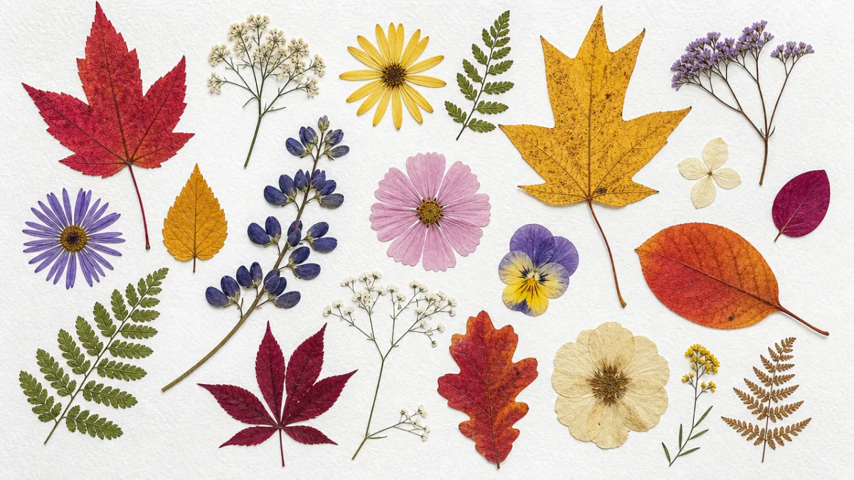 a flat lay of pressed wildflowers and colorful autumn leaves arranged on…